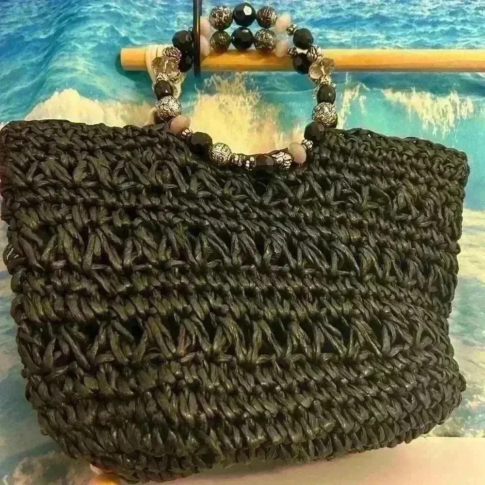 Kelly & Katie Woven Black Shoulder Bag Tote with Round Beaded Handles